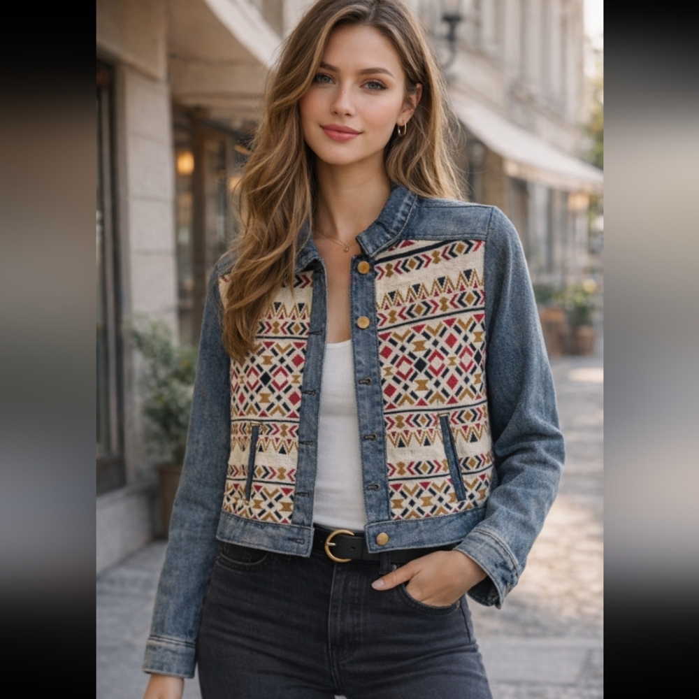 Flying Tomato Denim Jacket with Cream, Red & Black Aztec Paneling